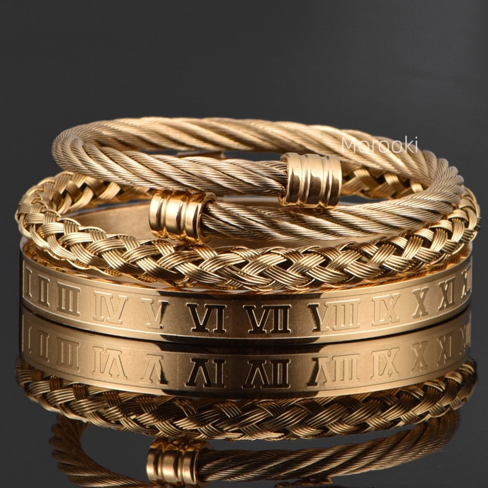 Kit 3 Pulseiras de Aço: Roman Empire + Golden Braids + Titan Chains